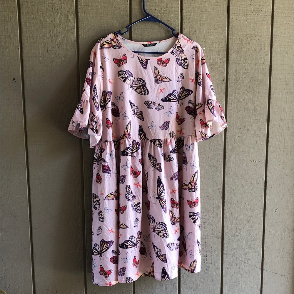 SHEIN Pink Butterfly Print Casual Ruffle Sleeve Dress